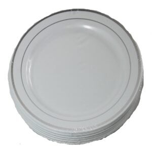 PLATE PLAS 6″ WHITE W/SILVER RIM | Packaged